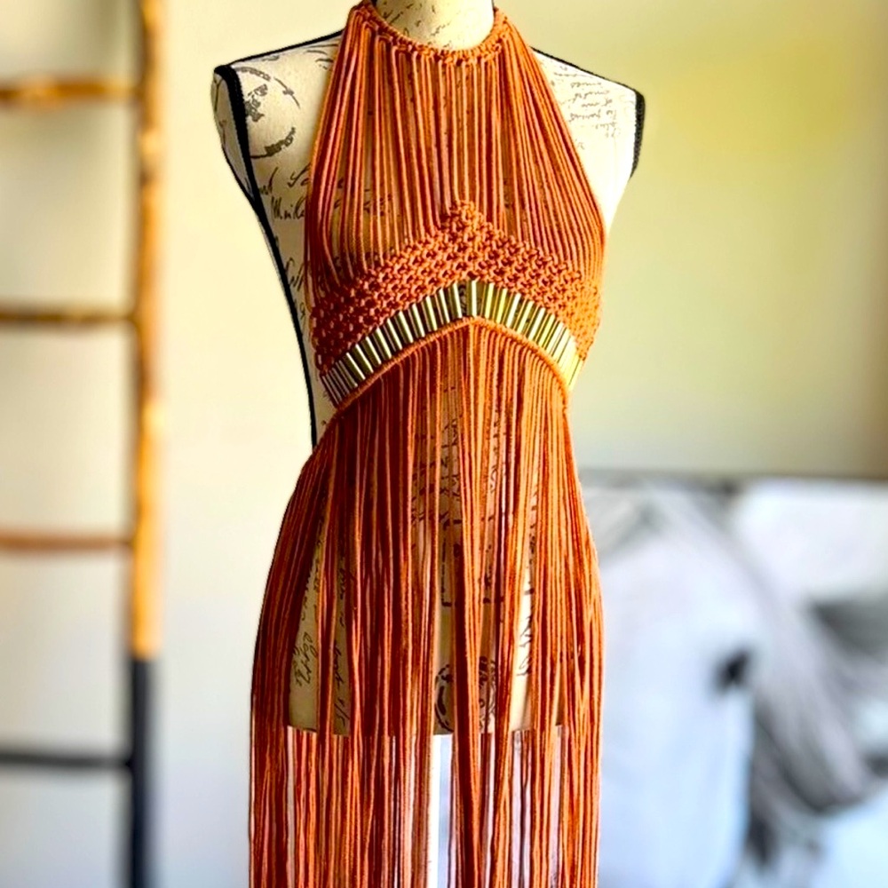 Handmade Festival Dress Macrame Cover Up BEIGE 
Boho Festival Fringe New in Box